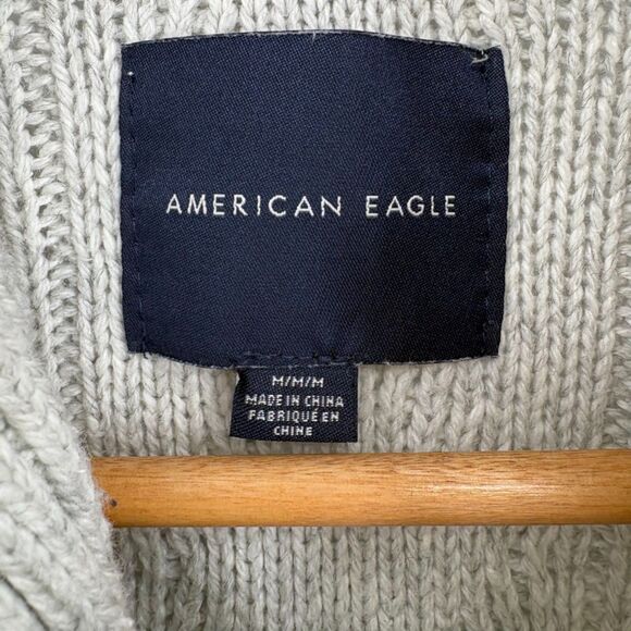 American Eagle Men's Popover Sweater, Size Med, Gray, Shawl Collar Cable Knit - Picture 7 of 9